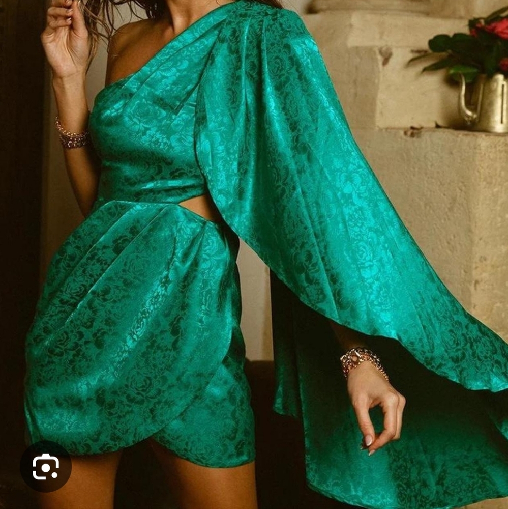Runaway Serita Green One Shoulder Dress with side cut out. Embossed print. Large
